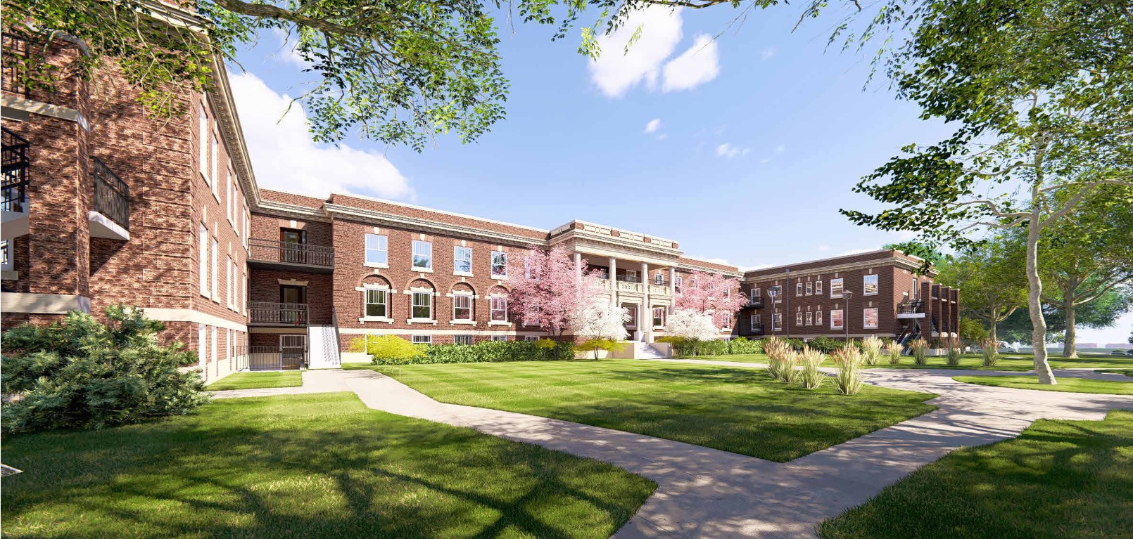 A rendering showing the brick building 